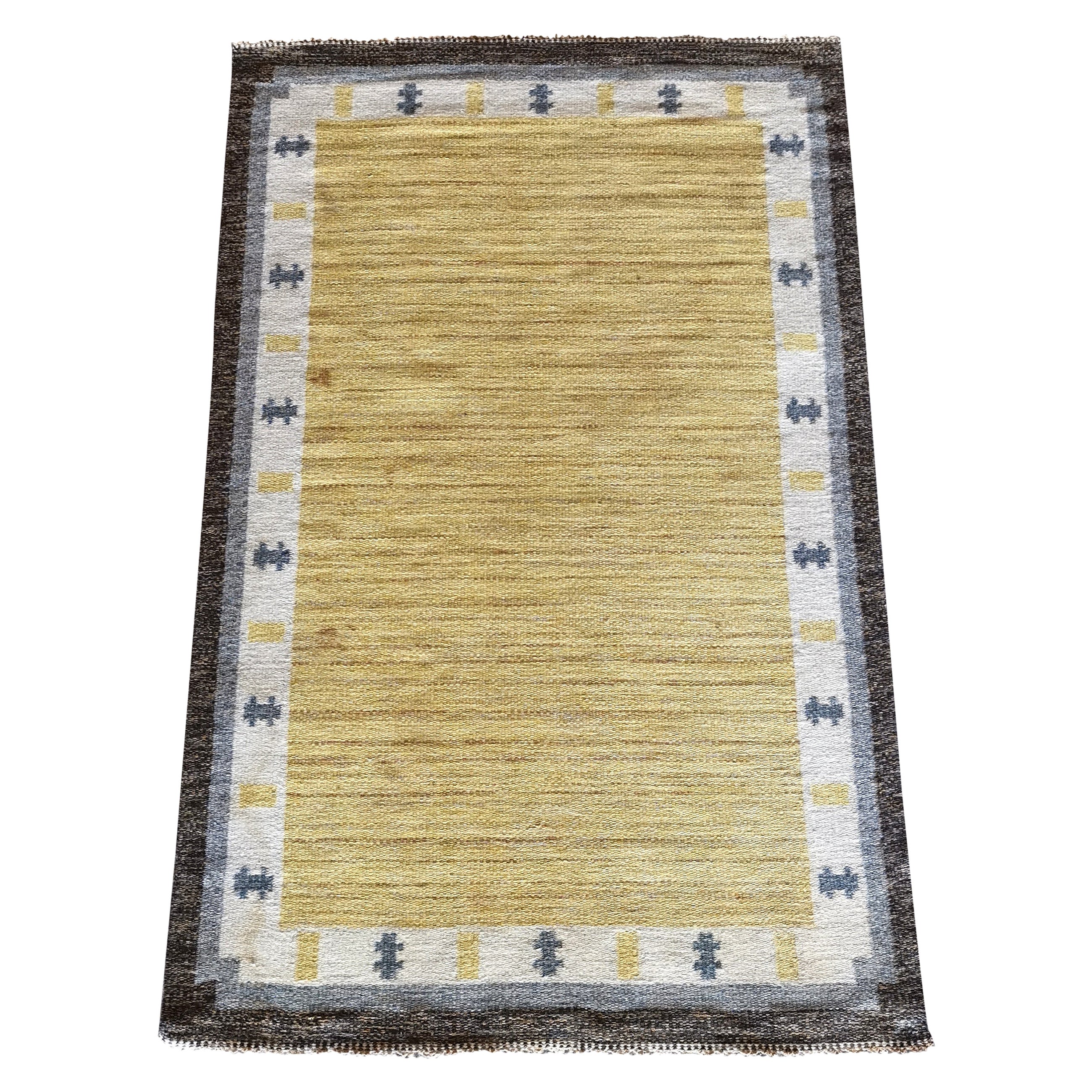 Rare signed Ingegerd Silow Pure Wool Rölakan Flatweave Rug, Sweden 1950s