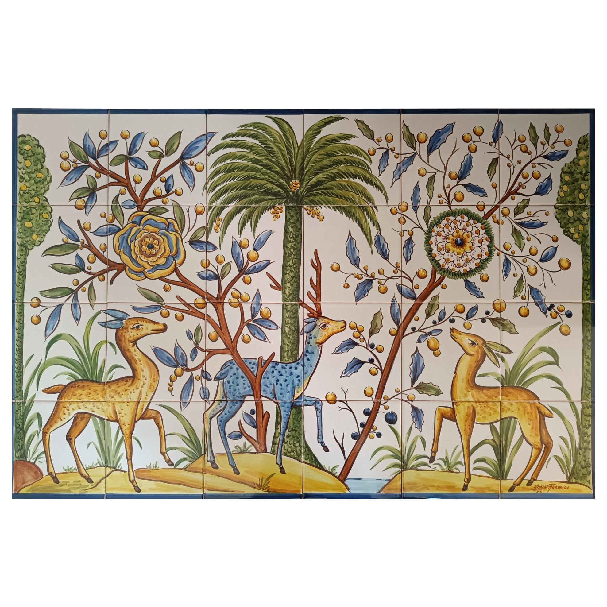 Azulejos Decorativos Portugueses "Ciervo" Pintados a Mano y Firmados por el Artista