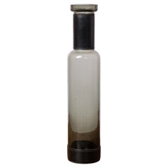 Smoked Black Glass & "Piqué Sellier" Stitched Leather Bottle - England 1960's