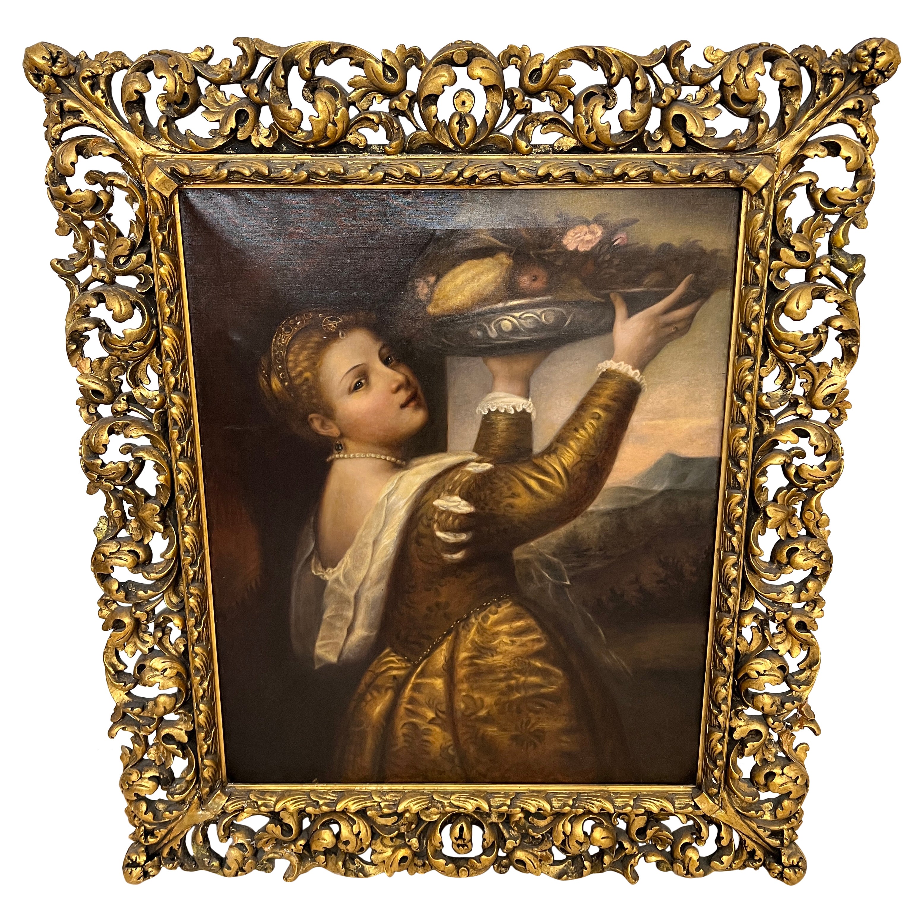 Large original old oil painting from around 1900 with a magnificent frame