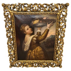 Grande dipinto a olio originale del 1900 circa con una magnifica cornice