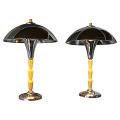 A Pair of Art Deco Style Dome Table Lamps Yellow Bakelite and Chromed Metal
