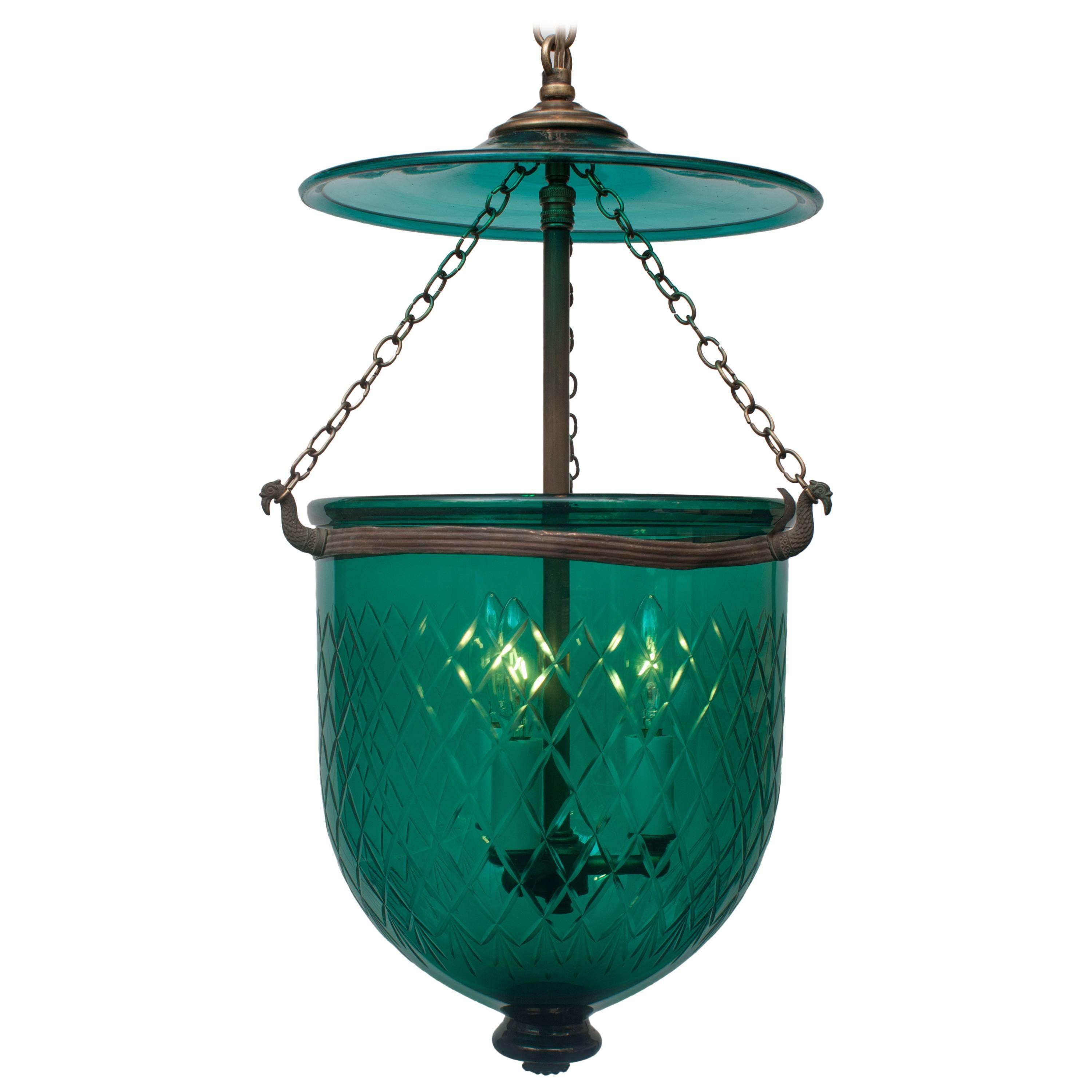 Green Diamond-Cut Bell Jar Lantern For Sale