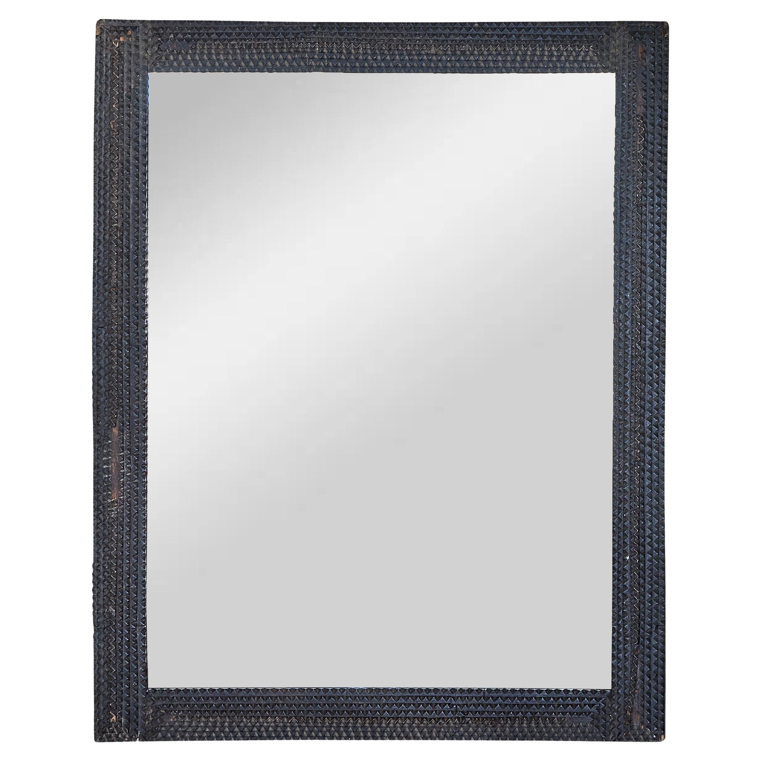 French Tramp Art Mirror with Deeply Carved Geometric Frame, Circa 1900