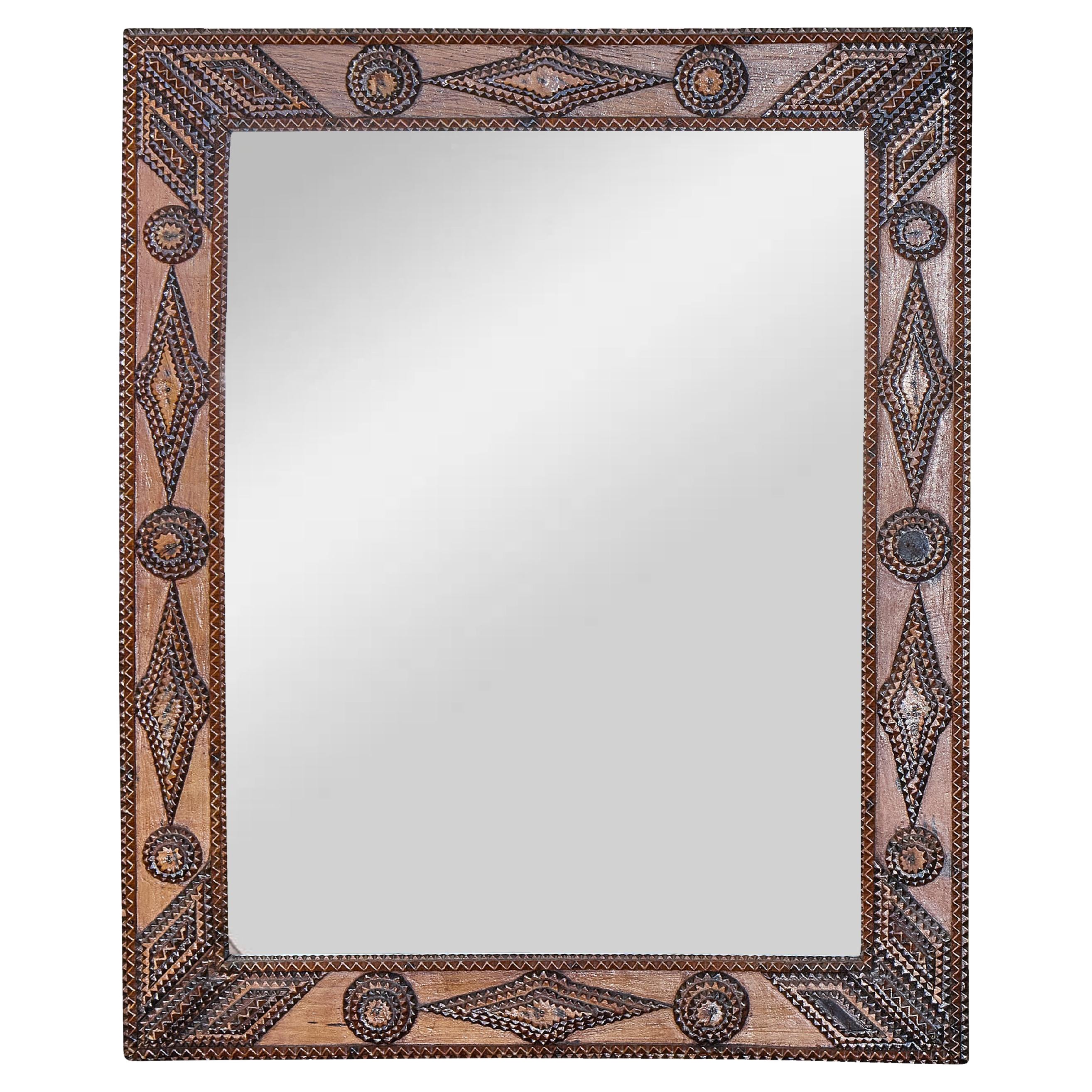 Antique French Tramp Art Mirror with Carved Geometric Motifs, circa 1900