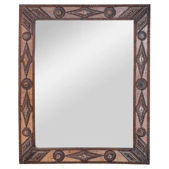 Antique French Tramp Art Mirror with Carved Geometric Motifs, circa 1900