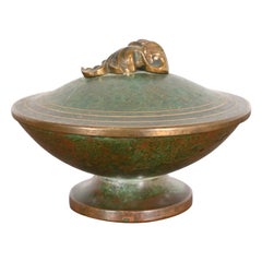 Carl Sorensen Art Deco Bronze Verdigris Bol à couvercle sur pied ou Compotier