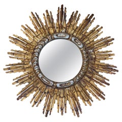 French Giltwood Sunburst Mirror with Silver Accents, circa 1940