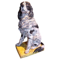 1970s Hand-Painted Glazed Terracotta Springer Spaniel Dog Sculpture. Italy