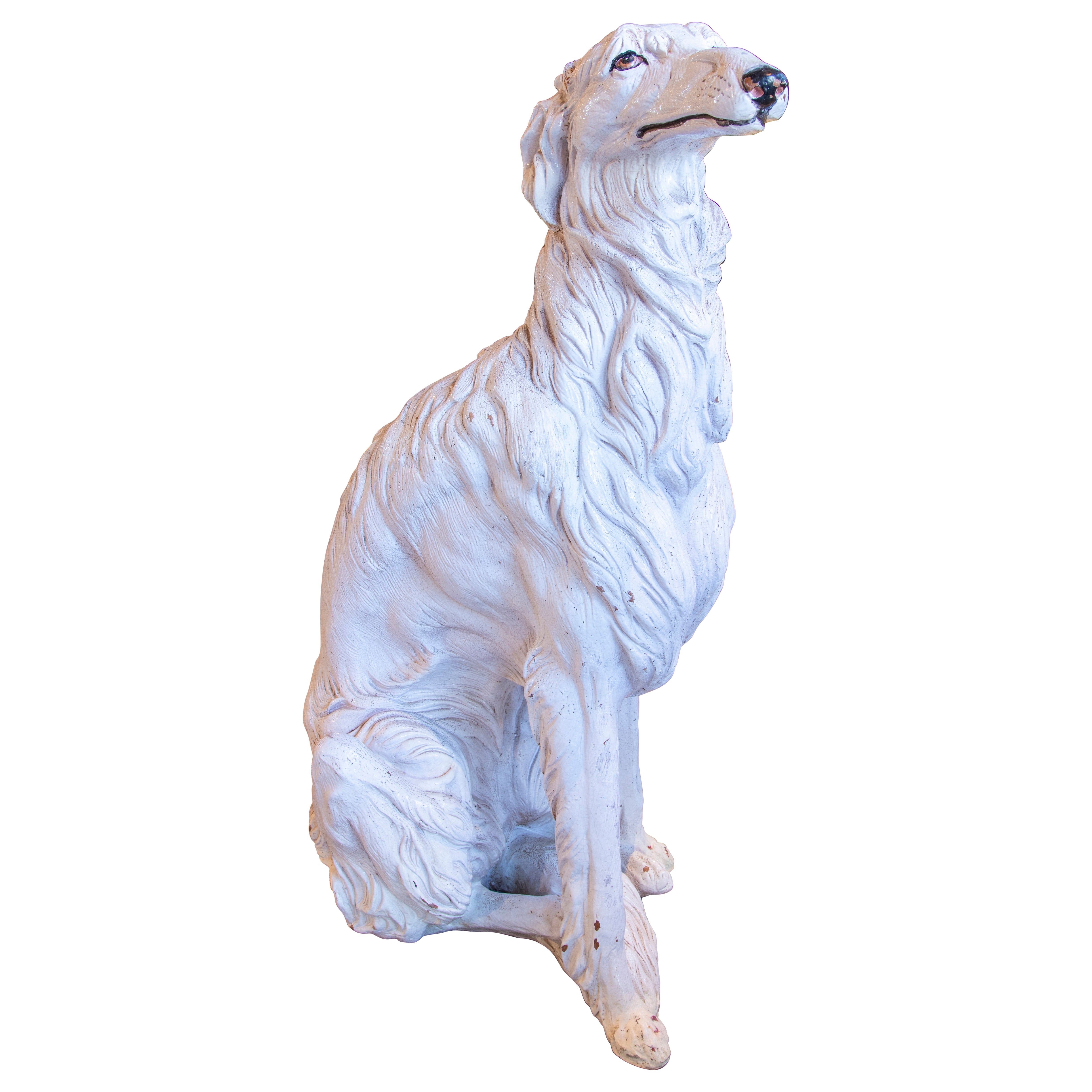 Escultura de galgo ruso (borzoi) de terracota esmaltada y pintada a mano, Italia, años 70
