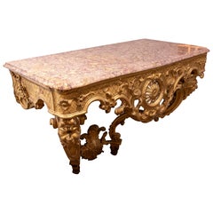 Antique 1850s Gold Baroque Console with Pink Marble Top