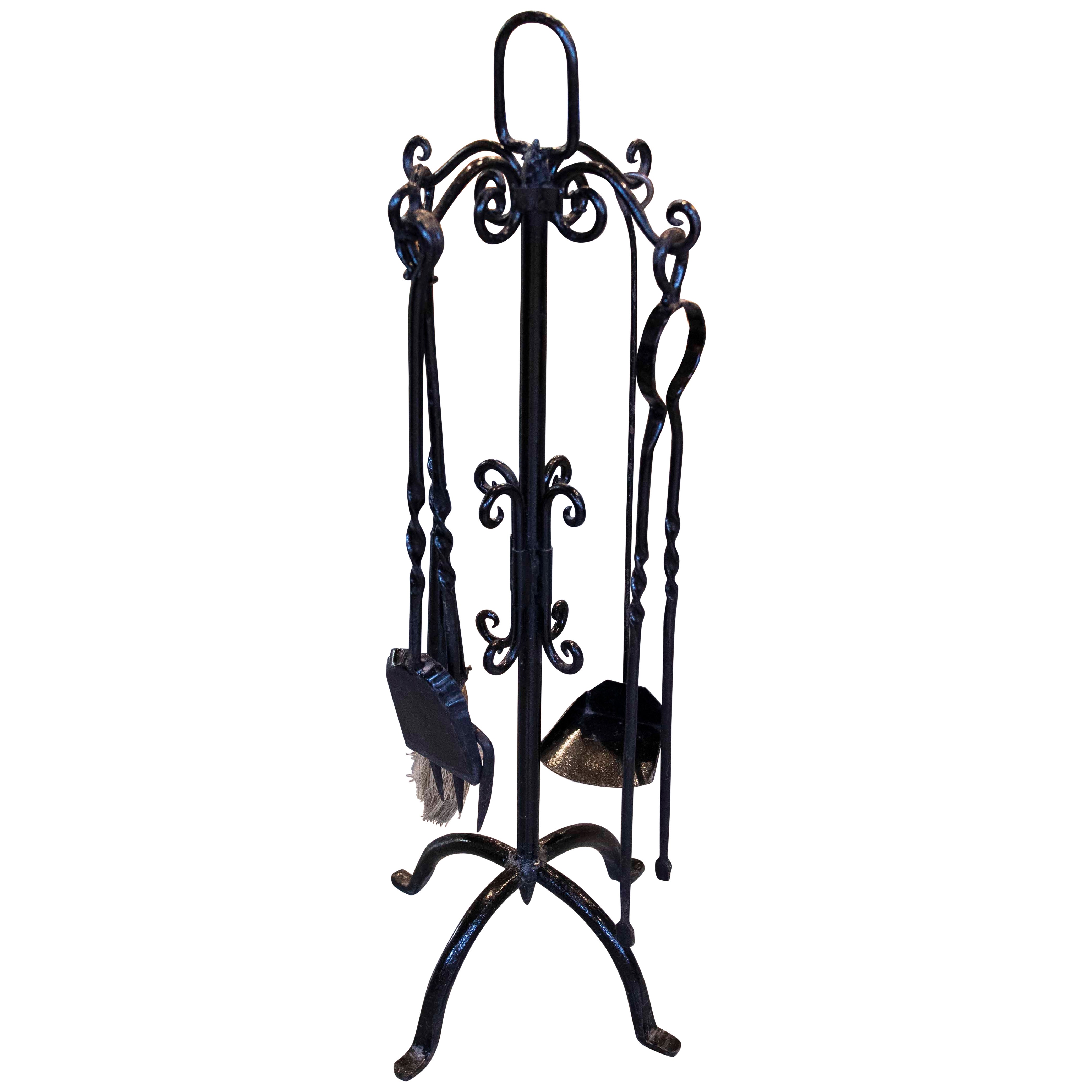 1970 Black Wrought Iron Fireplace Tool Set with Decorative Stand