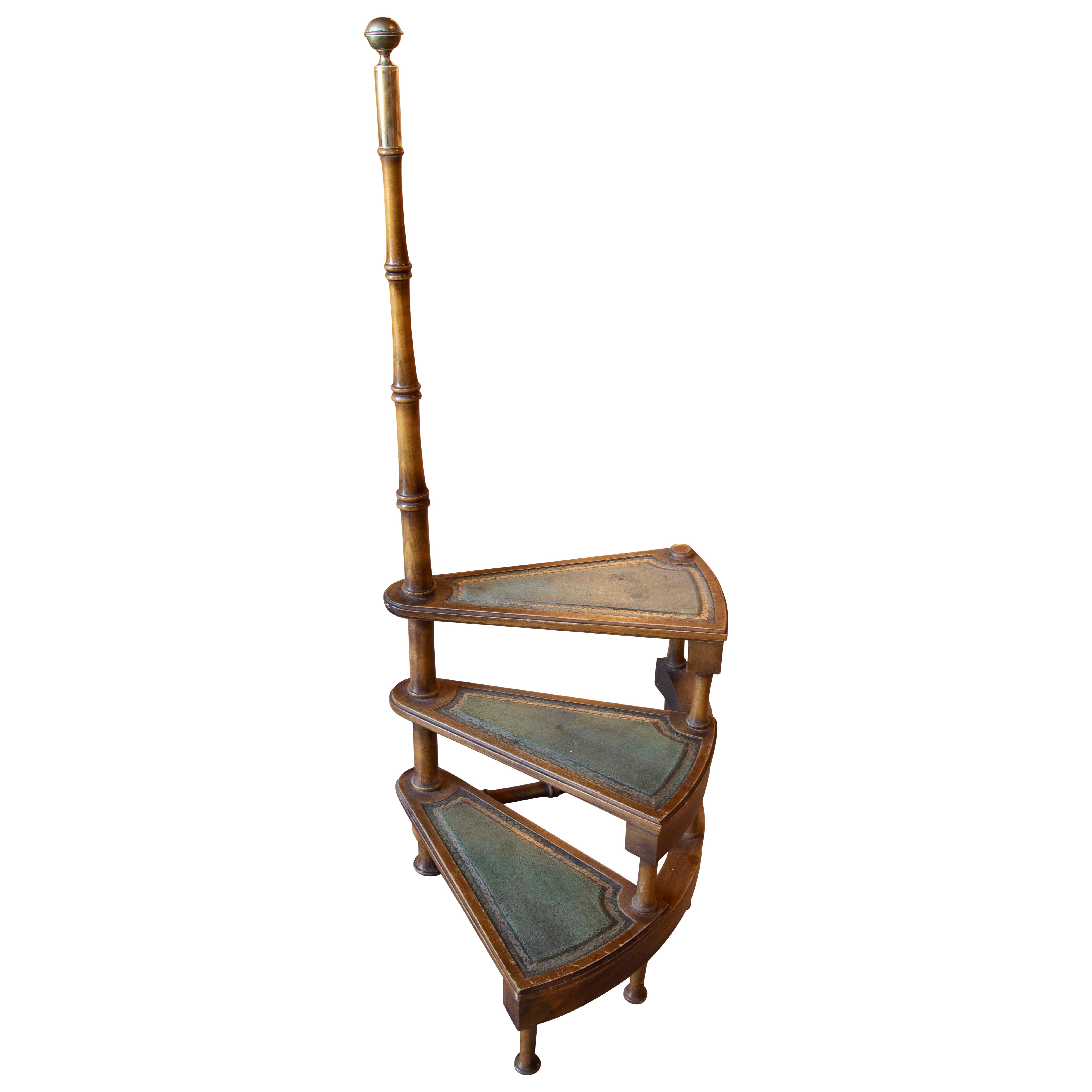 1875s English Spiral Library Staircase with Green Leather Trim