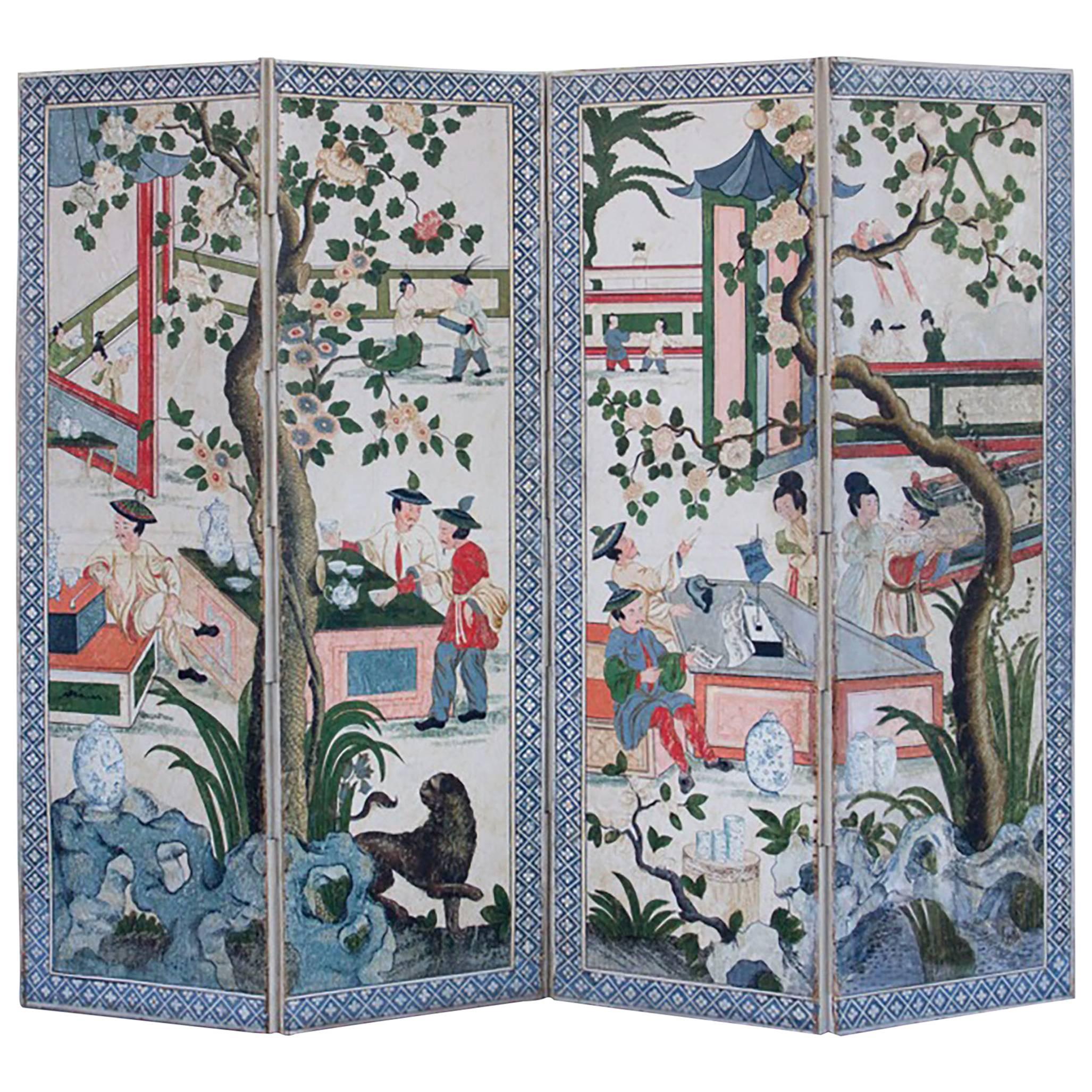 18th Century French Louis XV Painted Chinoiserie Folding Screen