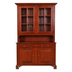 Vintage Style Shaker Solid Cherry Wood Lighted Breakfront Bookcase Cabinet