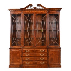 Henredon Georgian Carved Mahogany Lighted Breakfront Bookcase Cabinet