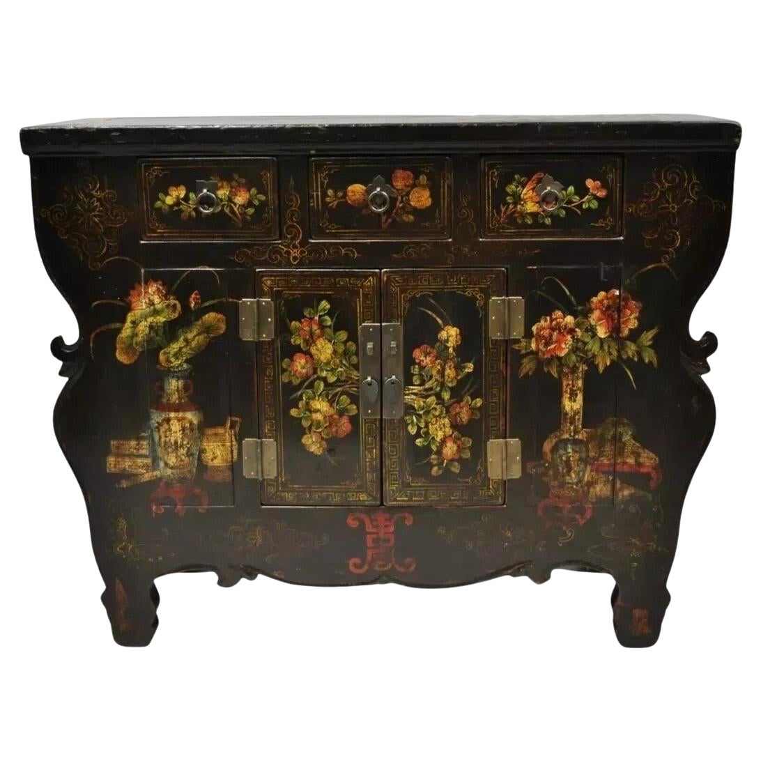 Korean Black Hand Painted Altar Style Sideboard Cabinet Console Table Credenza For Sale
