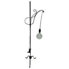 Machine Age Industrial Black Wrought Iron Floor Lamp with Round Bulb