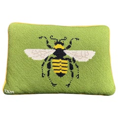 1980’s Bumble Bee Needlepoint Pillow in Green, Signed