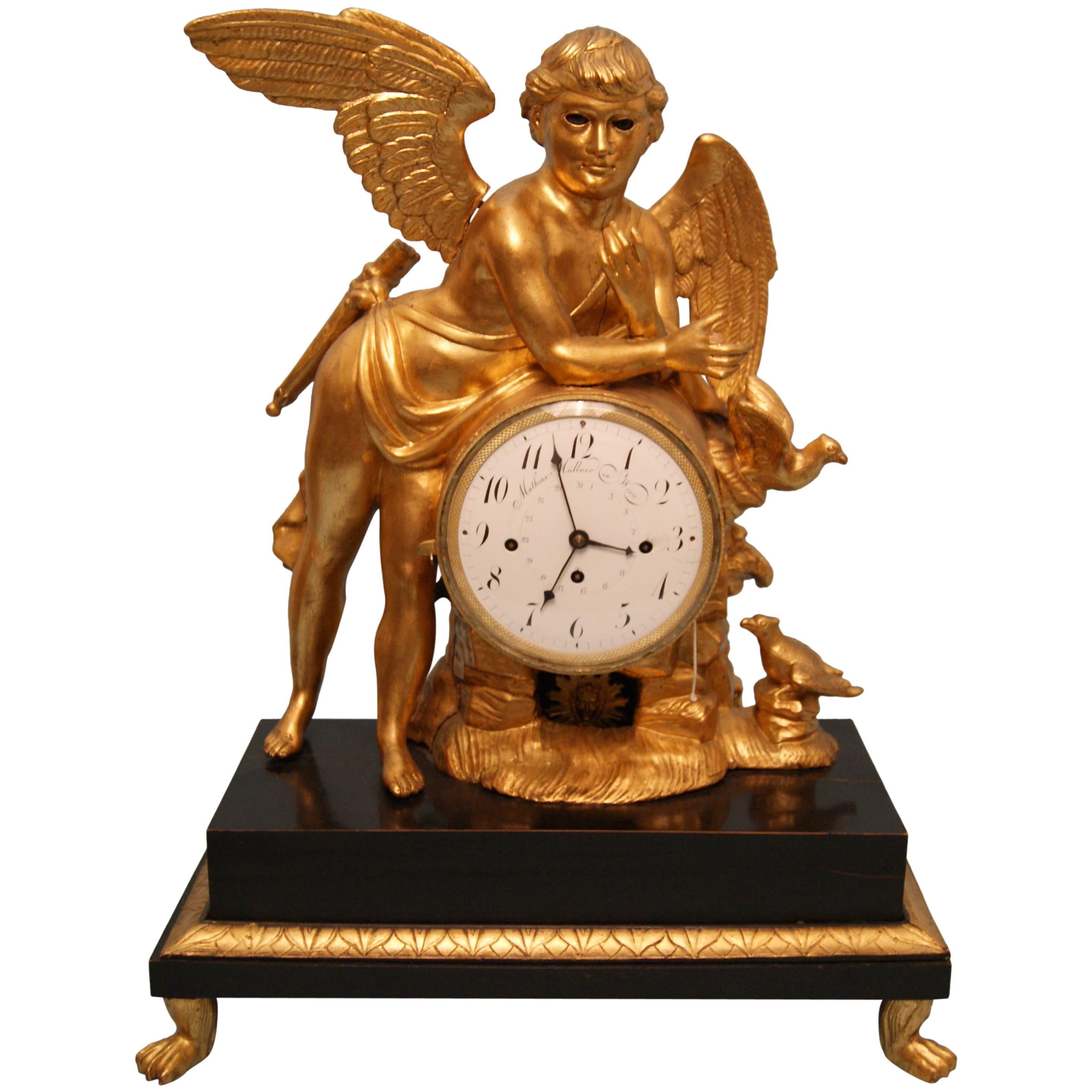 Vienna Classicism Mantel Table Clock Gilt Winged Cherub, circa 1800