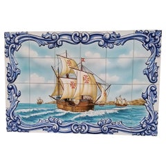 Azulejos Portuguese Decorative Tiles "Ship" Hand Painted and Signed by Artist