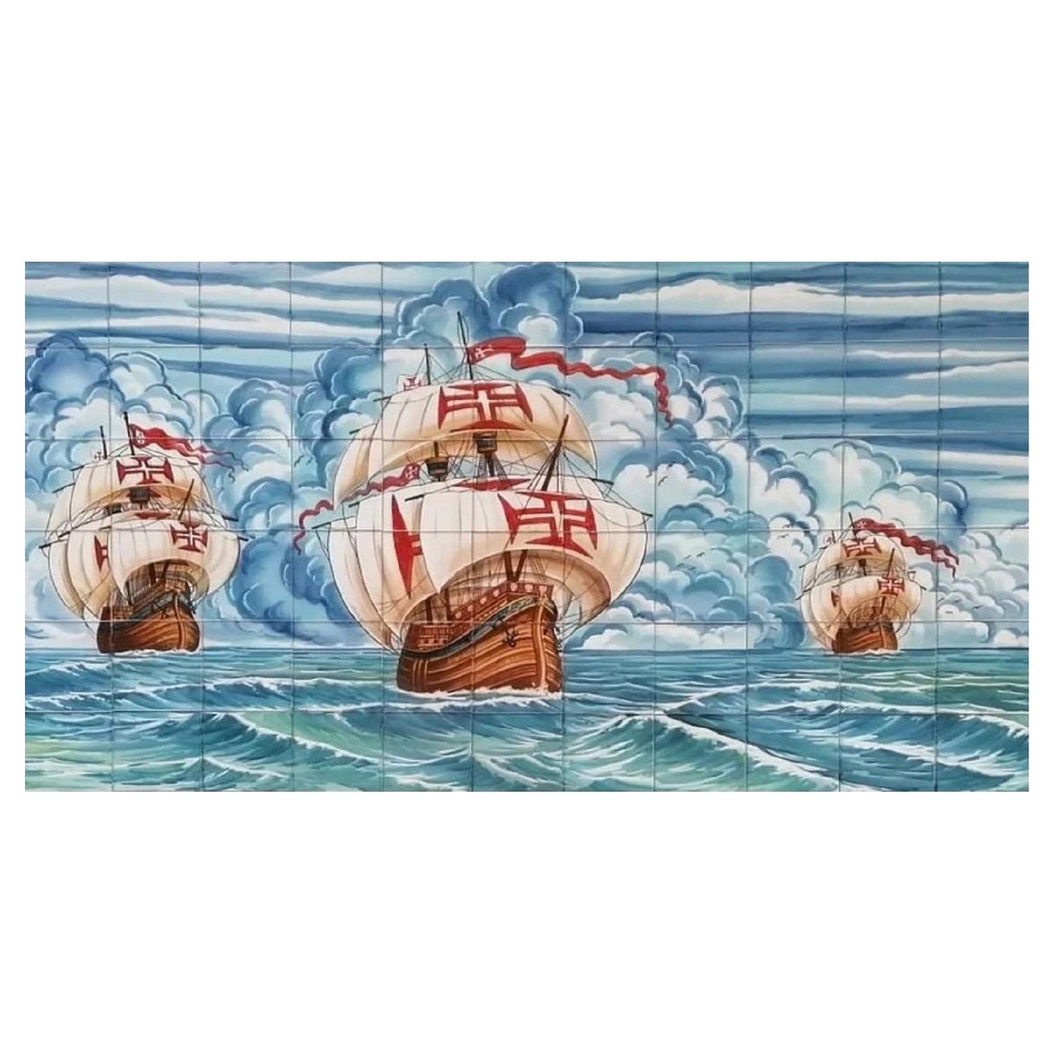 Mural de Azulejos Portugueses "Barcos" Pintado a Mano y Firmado por el Artista