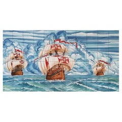 Portuguese Azulejos Tile Mural "Ships" Hand Painted & Signed by Artist