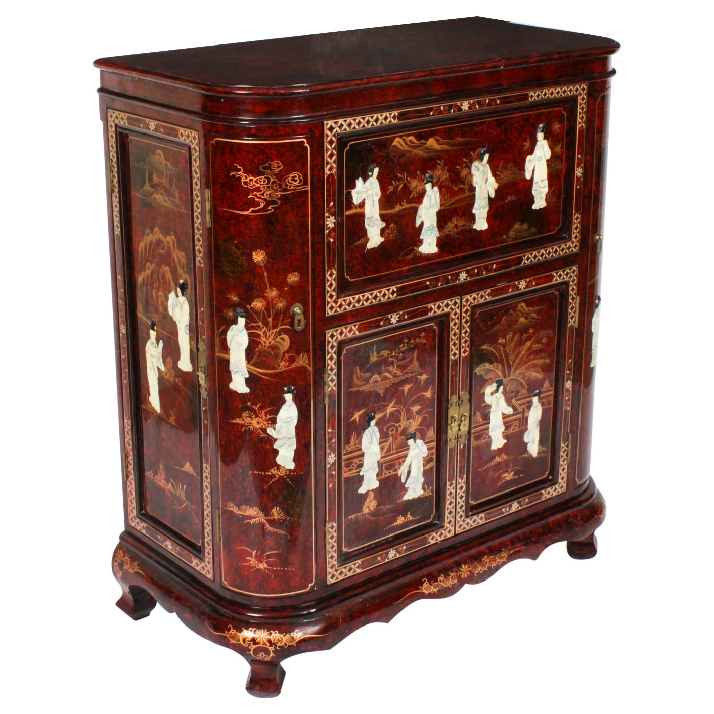 Vintage Burgundy Lacquered Cocktail Cabinet Dry Bar & Glasses 20th Century