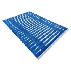 Alfombra de Algodón Hecha a Mano, 5x7 Rayas Azules y Blancas Dhurrie India