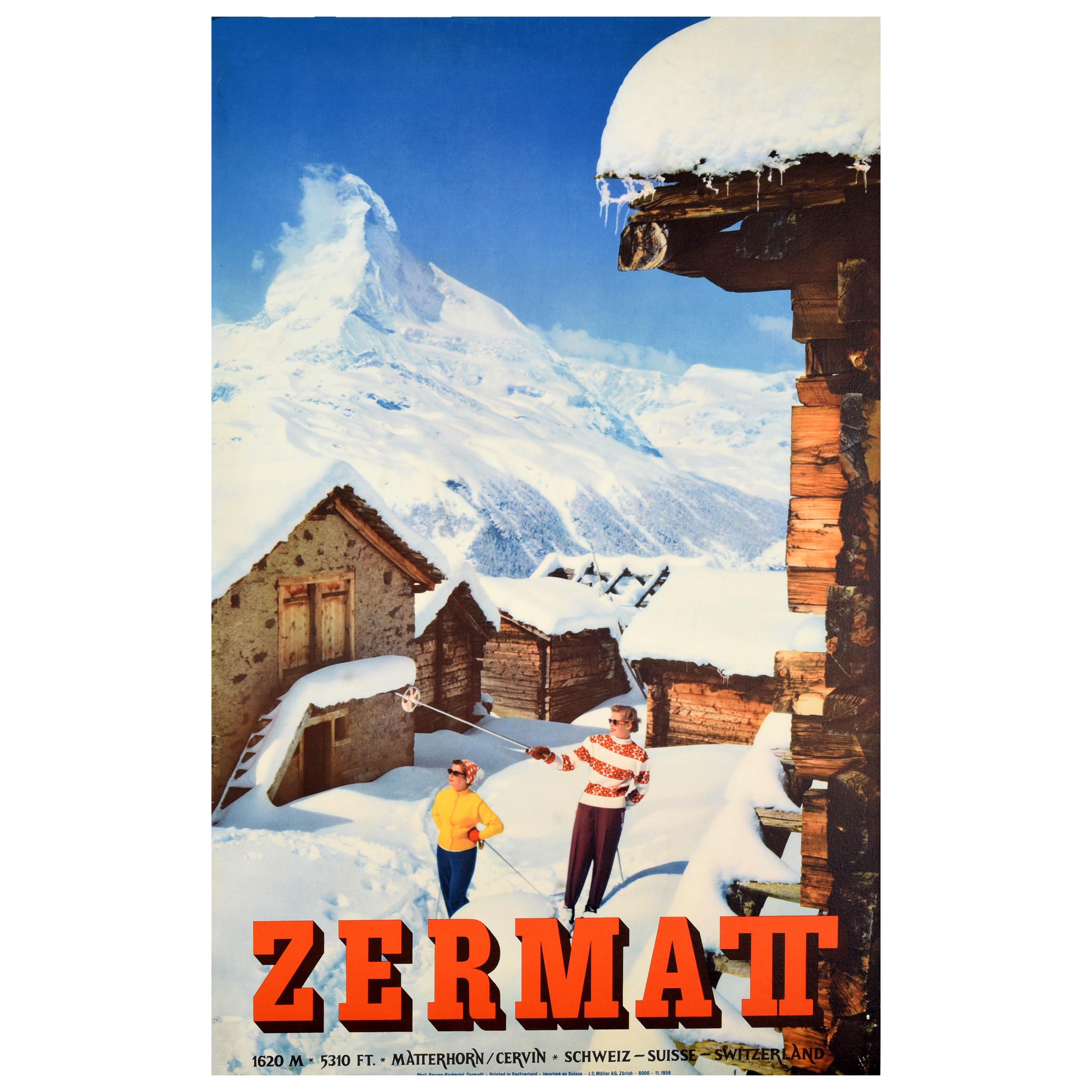 Affiche vintage originale de voyage Zermatt Matterhorn Ski Switzerland Cervin Perren