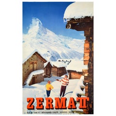 Original Vintage-Reiseplakat Zermatt Matterhorn-Ski Schweiz, Cervin Perren