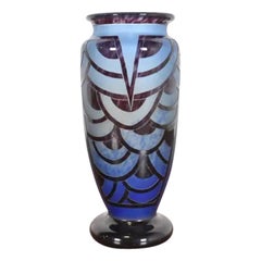 Vase Art Déco en verre bleu Nénuphars par Charles Schneider pour Le Verre Français