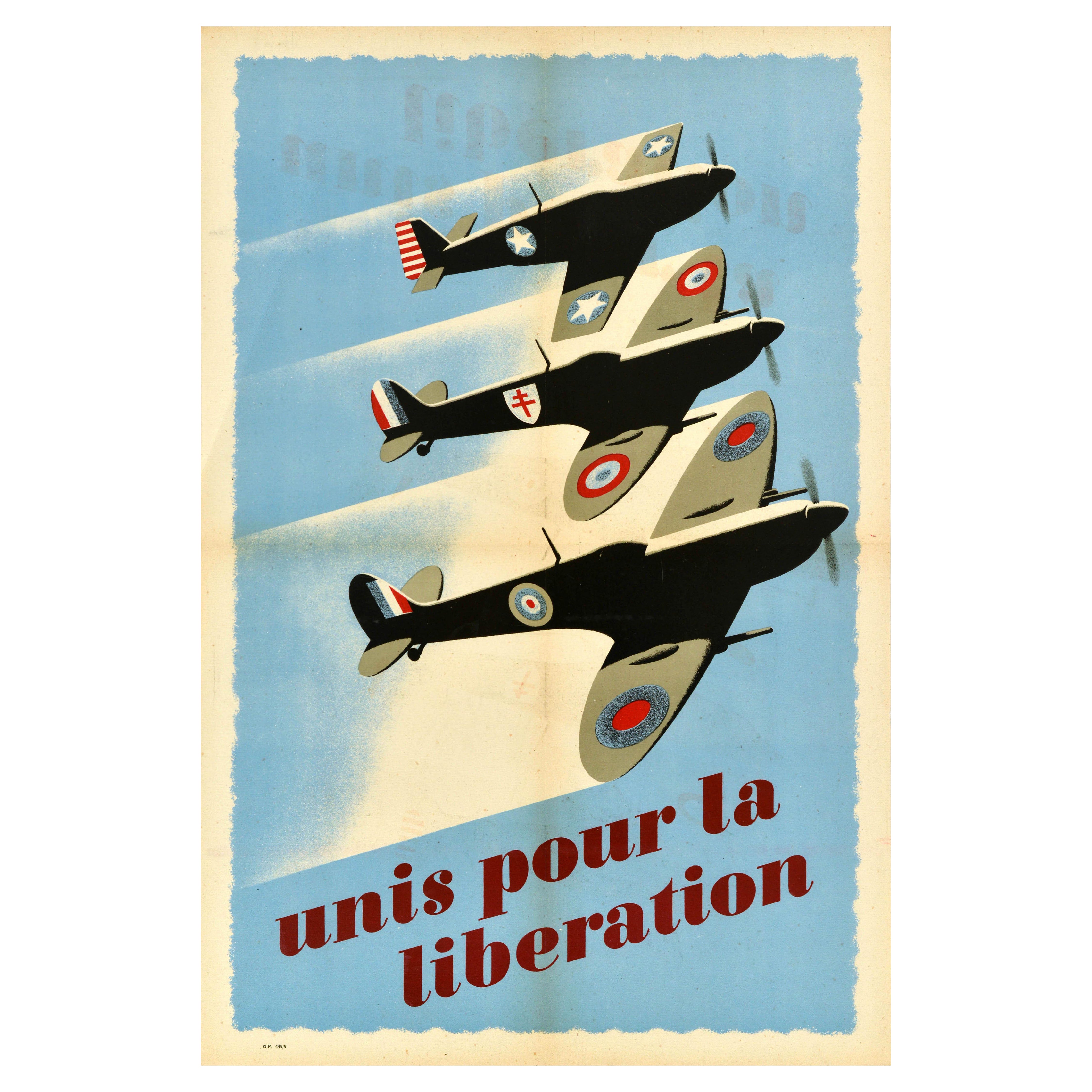 Poster di guerra originale d'epoca United For The Liberation WWII Spitfire Planes RAF