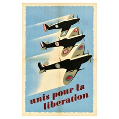 Poster di guerra originale d'epoca United For The Liberation WWII Spitfire Planes RAF