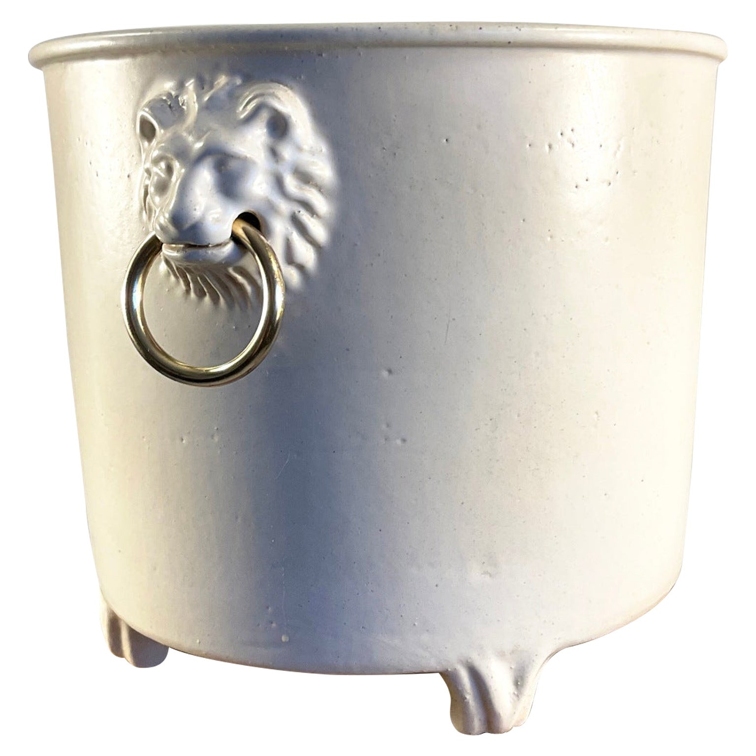 1960s Pol Chambost Ceramic Planter or Flowerpot Decorated with Two Lion Heads