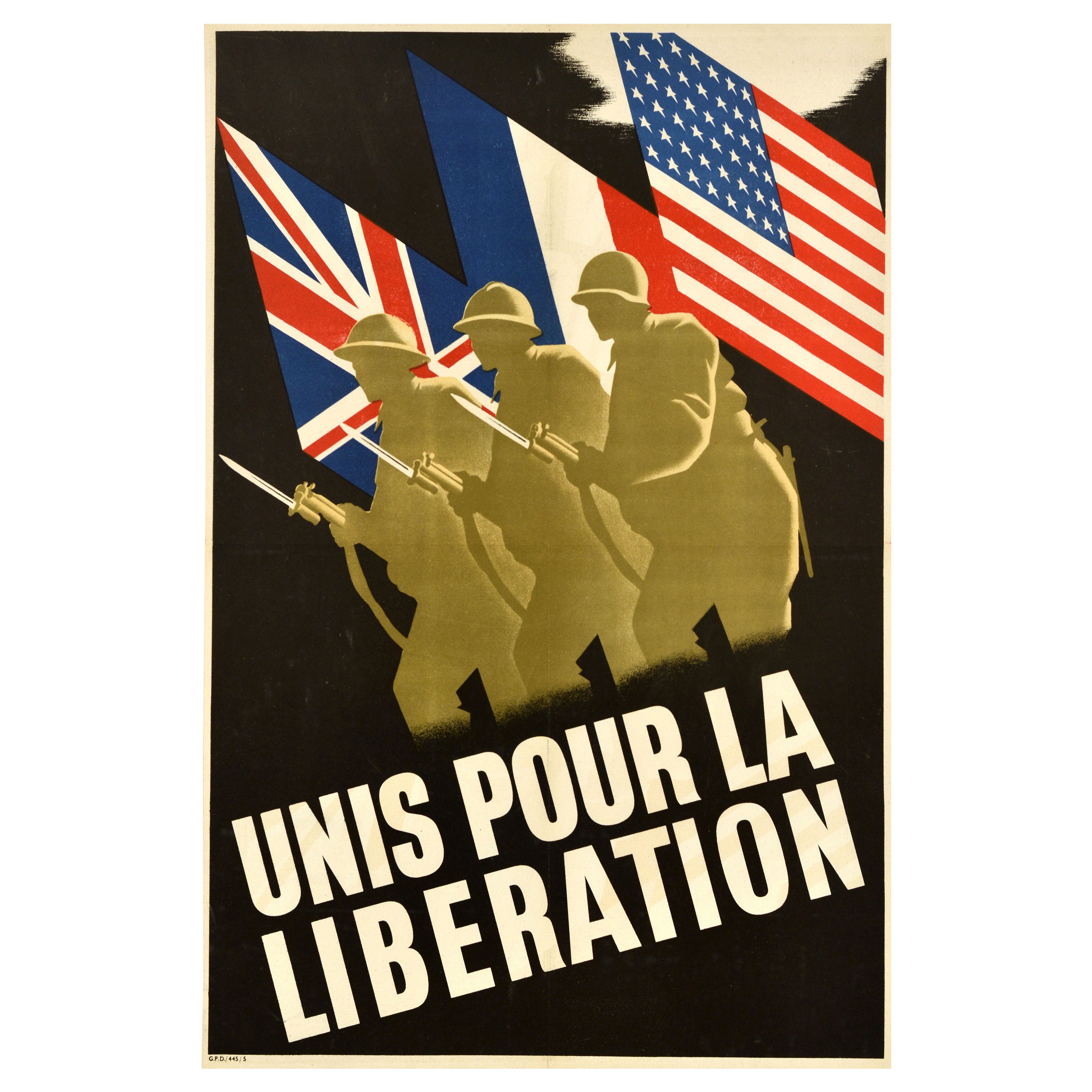 Poster di guerra vintage originale United For The Liberation WWII Allied Soldiers Flags