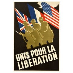 Poster di guerra vintage originale United For The Liberation WWII Allied Soldiers Flags