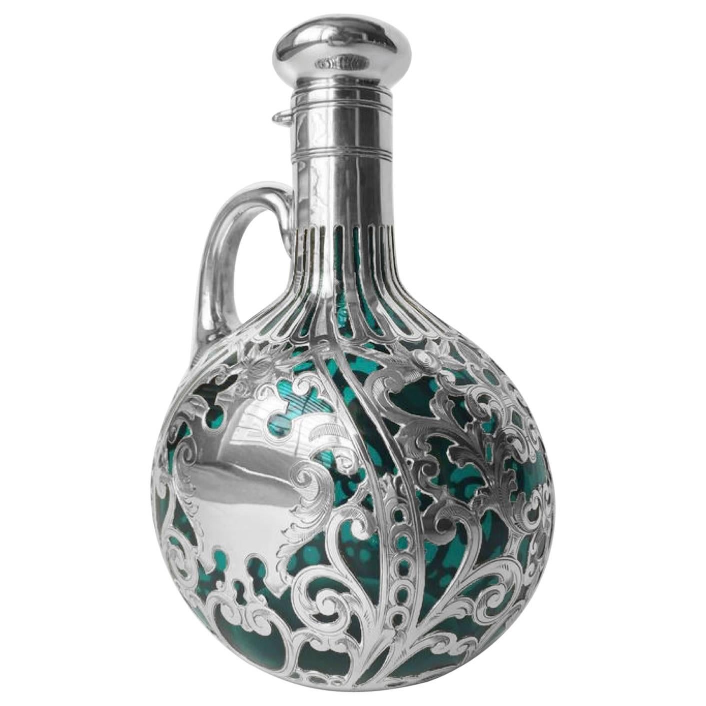 Gorham Sterling Silver Overlay Green Glass Art Nouveau Decanter, circa 1900 For Sale