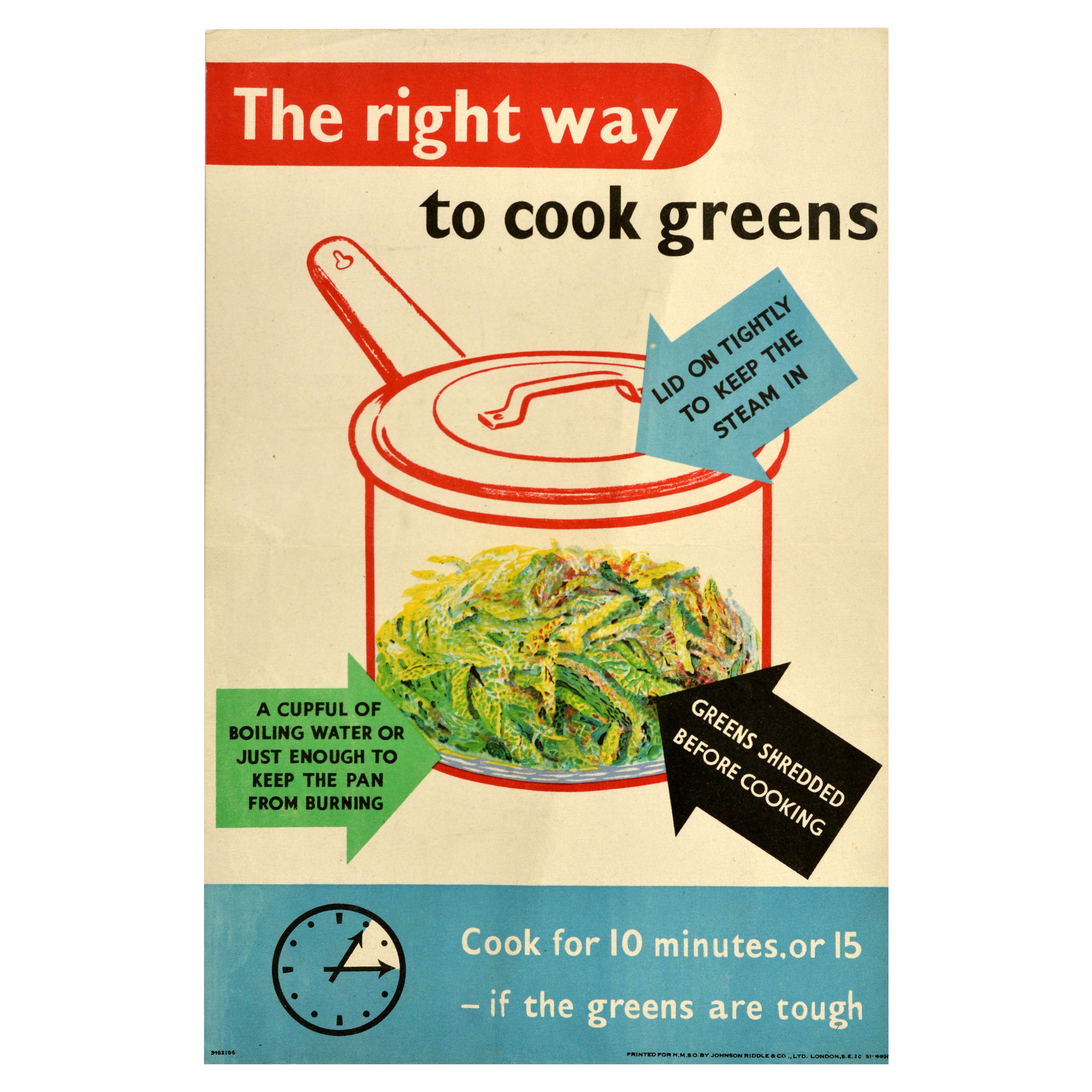 Original Vintage Food Poster The Right Way To Cook Greens Kitchen Cooking HMSO