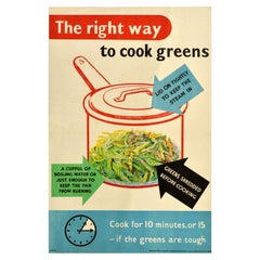 Original Vintage Food Poster The Right Way To Cook Greens Kitchen Cooking HMSO