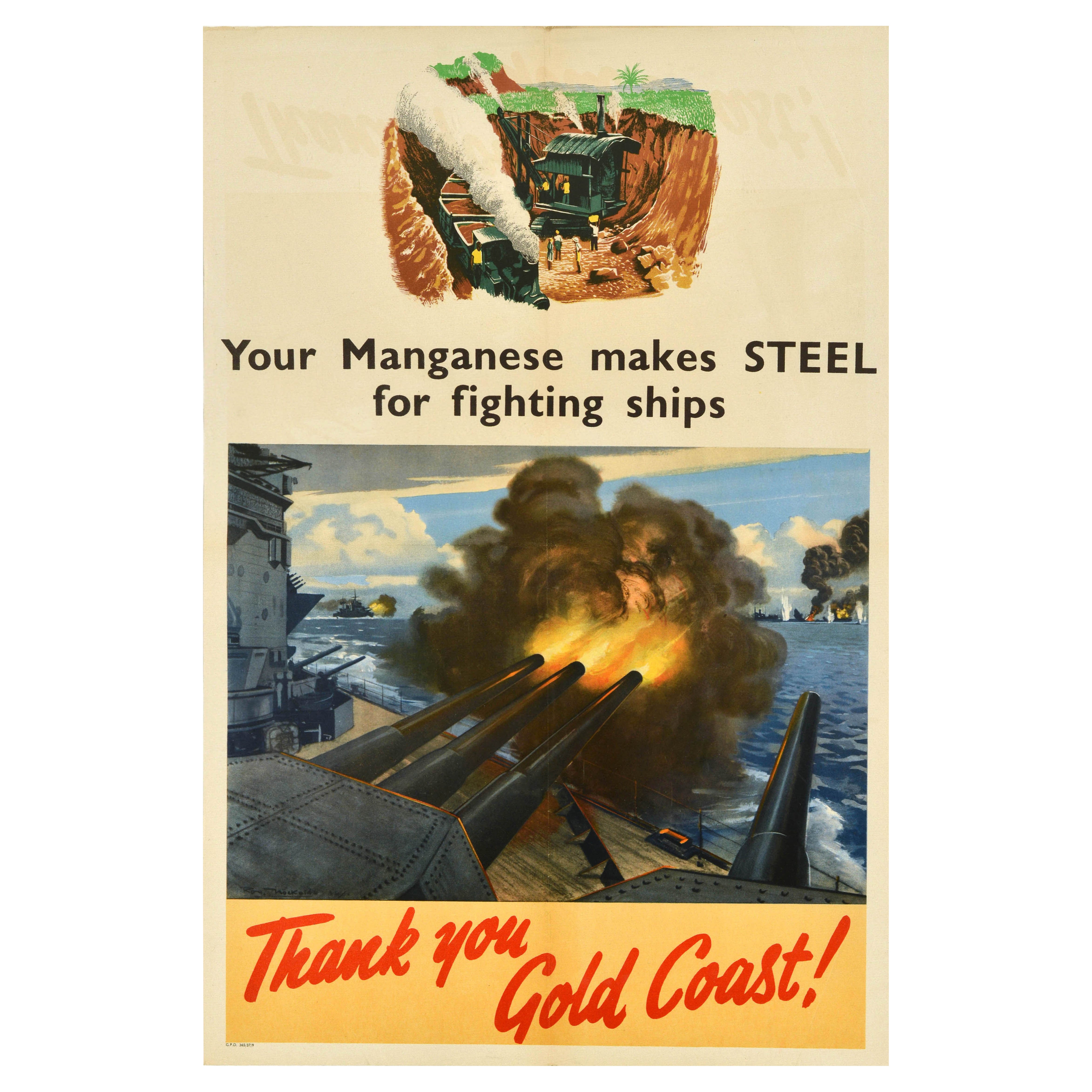 Original Vintage Cartel de Guerra El manganeso de la Costa de Oro fabrica barcos de acero Armada de la Segunda Guerra Mundial