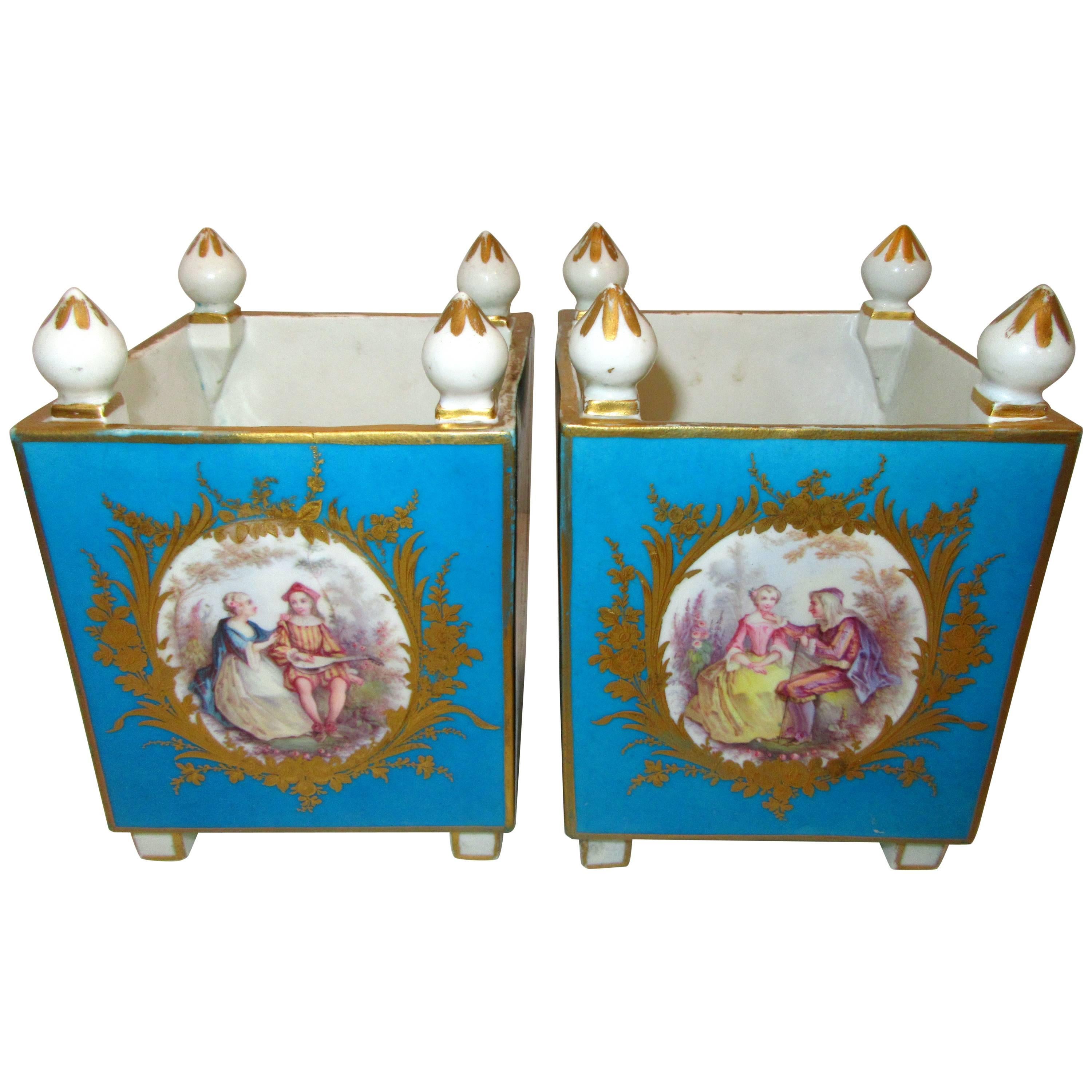 Pair of Early Sevres Bleu Turquoise Caisses a Fleur Carrees