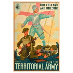Original Vintage Cartel de Reclutamiento Ejército Territorial de Inglaterra y Libertad Reino Unido