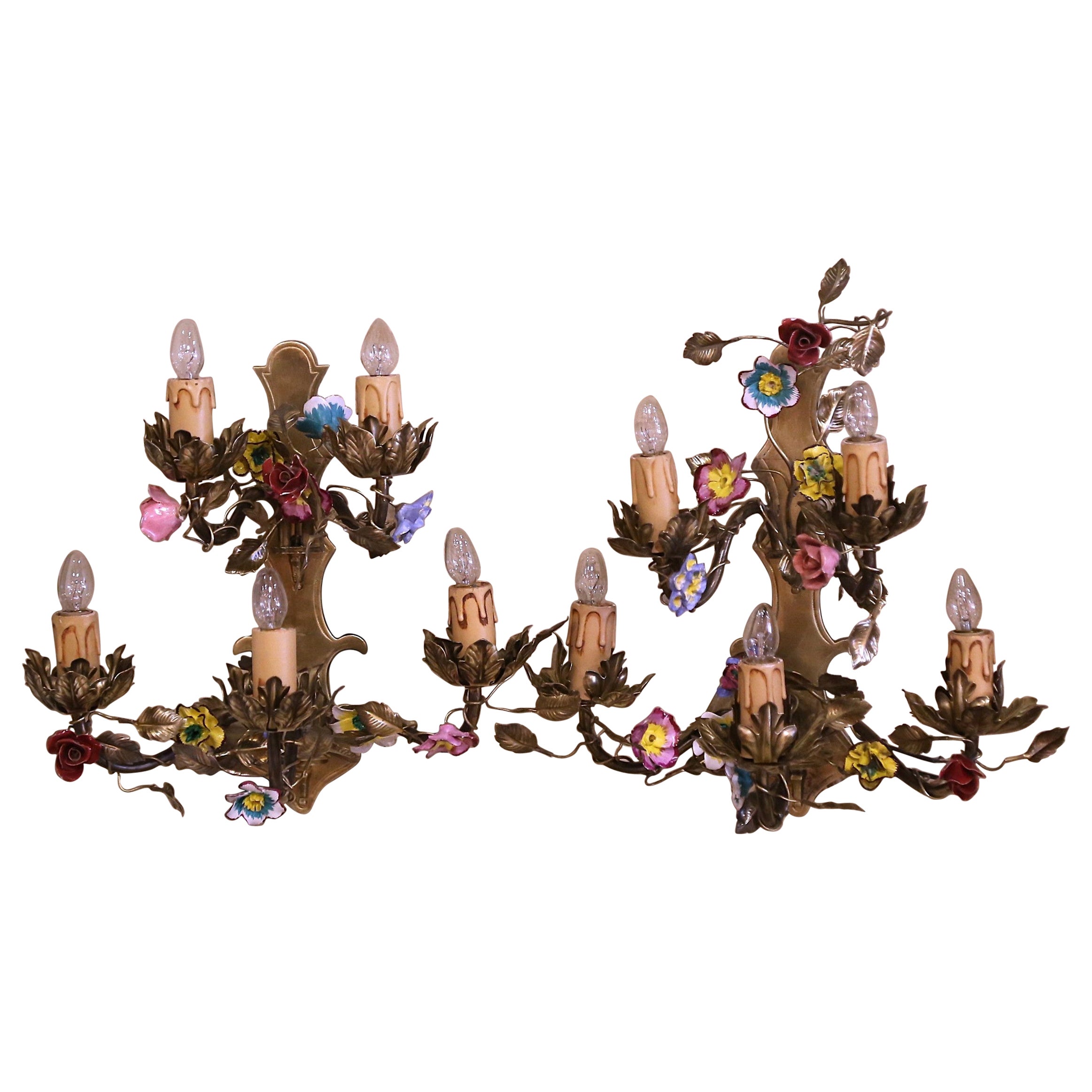 Pair of Mid-Century French Bronze and Painted Porcelain Five-Light Wall Sconces