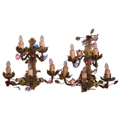 Pair of Mid-Century French Bronze and Painted Porcelain Five-Light Wall Sconces