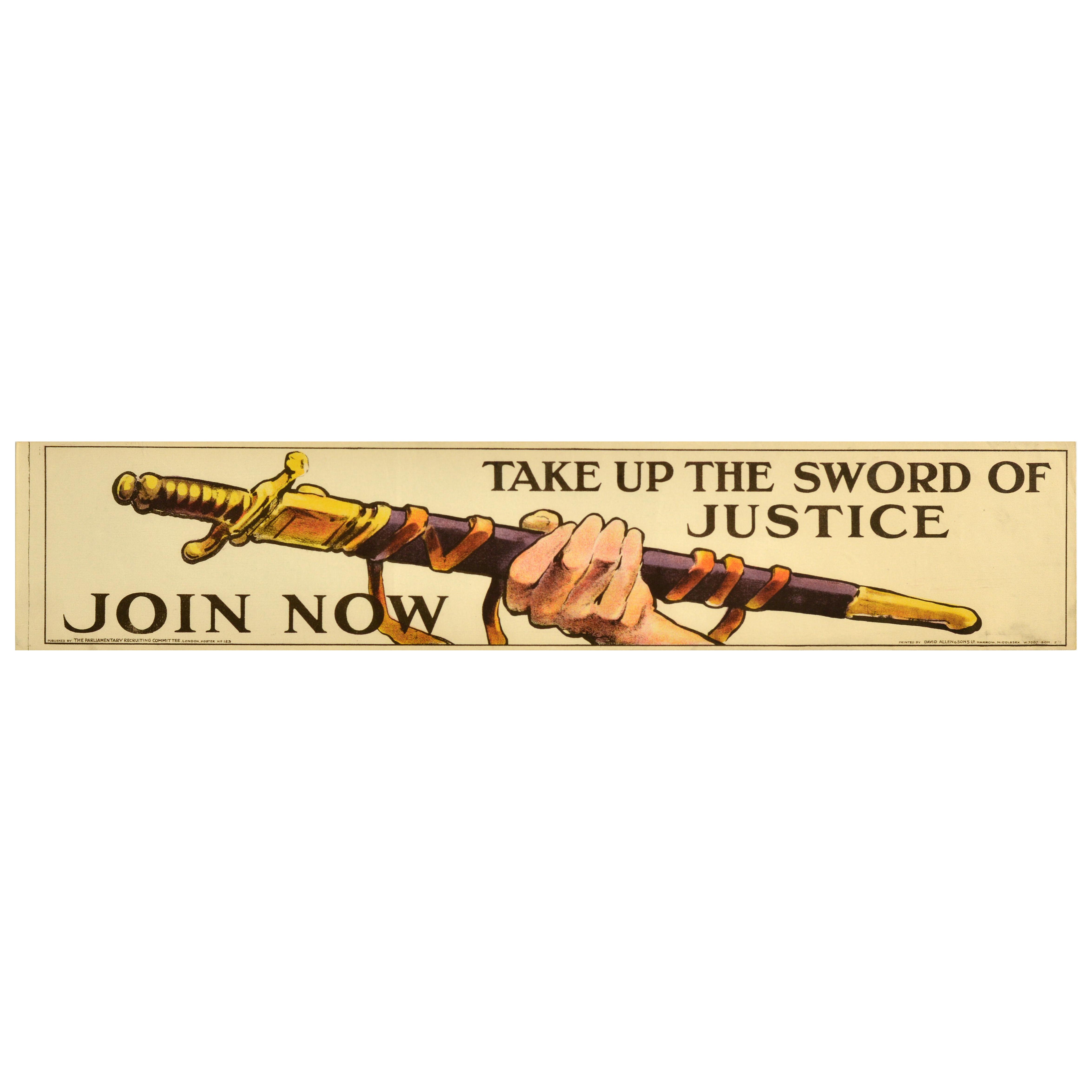 Cartel Antiguo Original de Reclutamiento para la Guerra Toma la Espada de la Justicia I Guerra Mundial