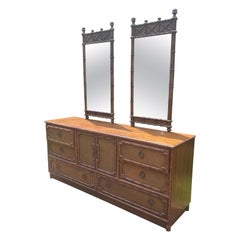 Bedroom Dresser Lowboy Faux Bamboo and Rattan Dresser by Drexel with Mirrors