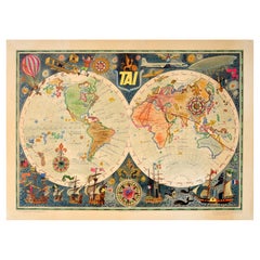 Original Vintage Travel Poster TAI Airline Planisphere Map Luc Marie Bayle