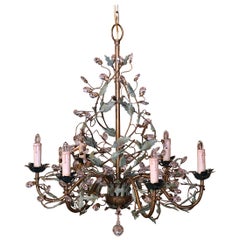 Early 20th Century French Brass & Metal Six-Light Chandelier with Crystal Buds