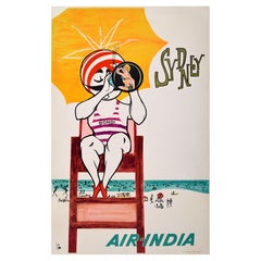Original Vintage Travel Poster Sydney Air India Bondi Beach Australia Maharaja